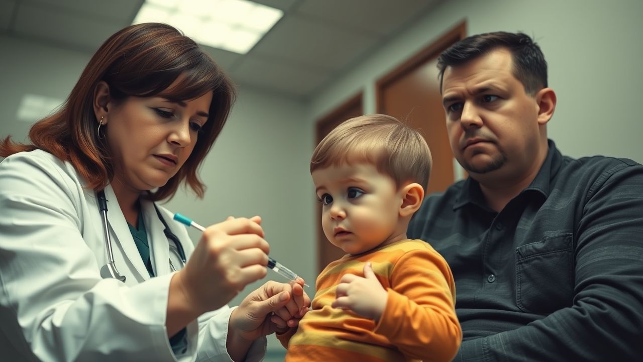 A doctor examines a child while two worried parents look on.