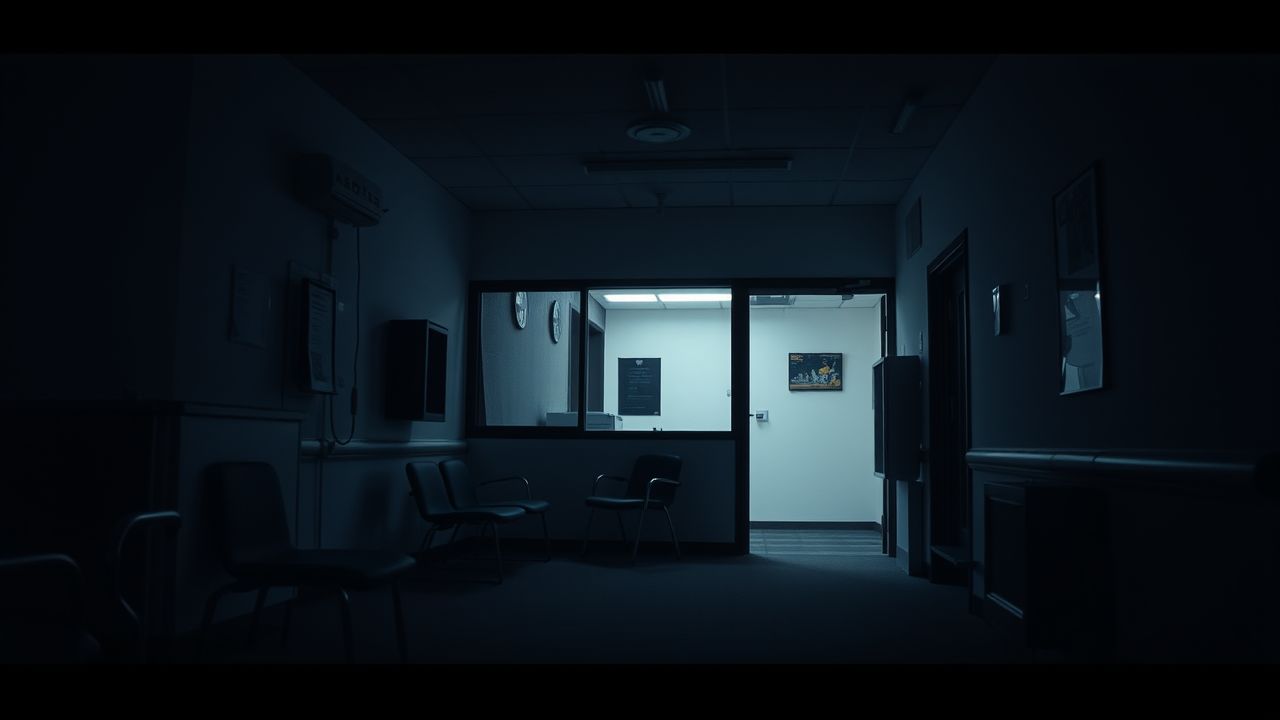 A deserted doctor's office at night with dim, flickering lights.