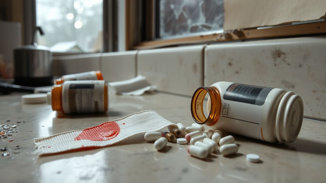 A cluttered kitchen counter with discarded bandage and overturned pills.