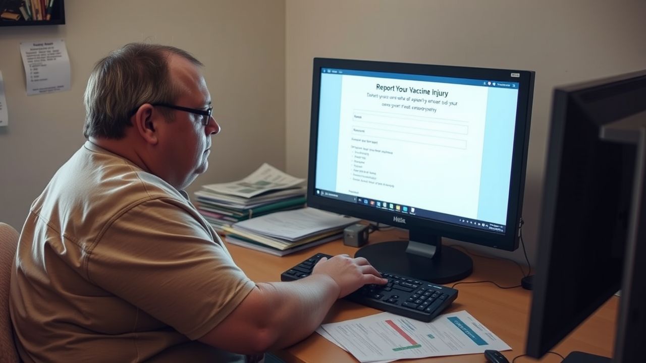 A person reporting a vaccine injury online at a cluttered desk.