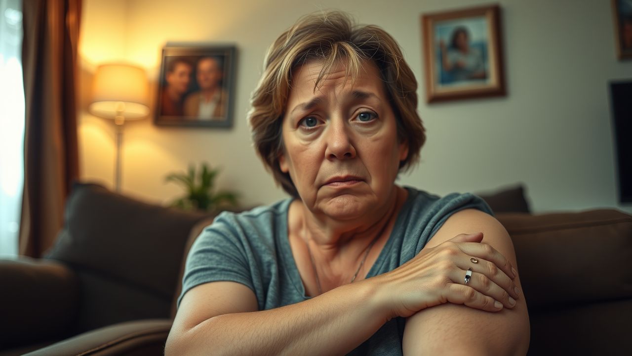 A tired-looking woman with redness and swelling on her arm.