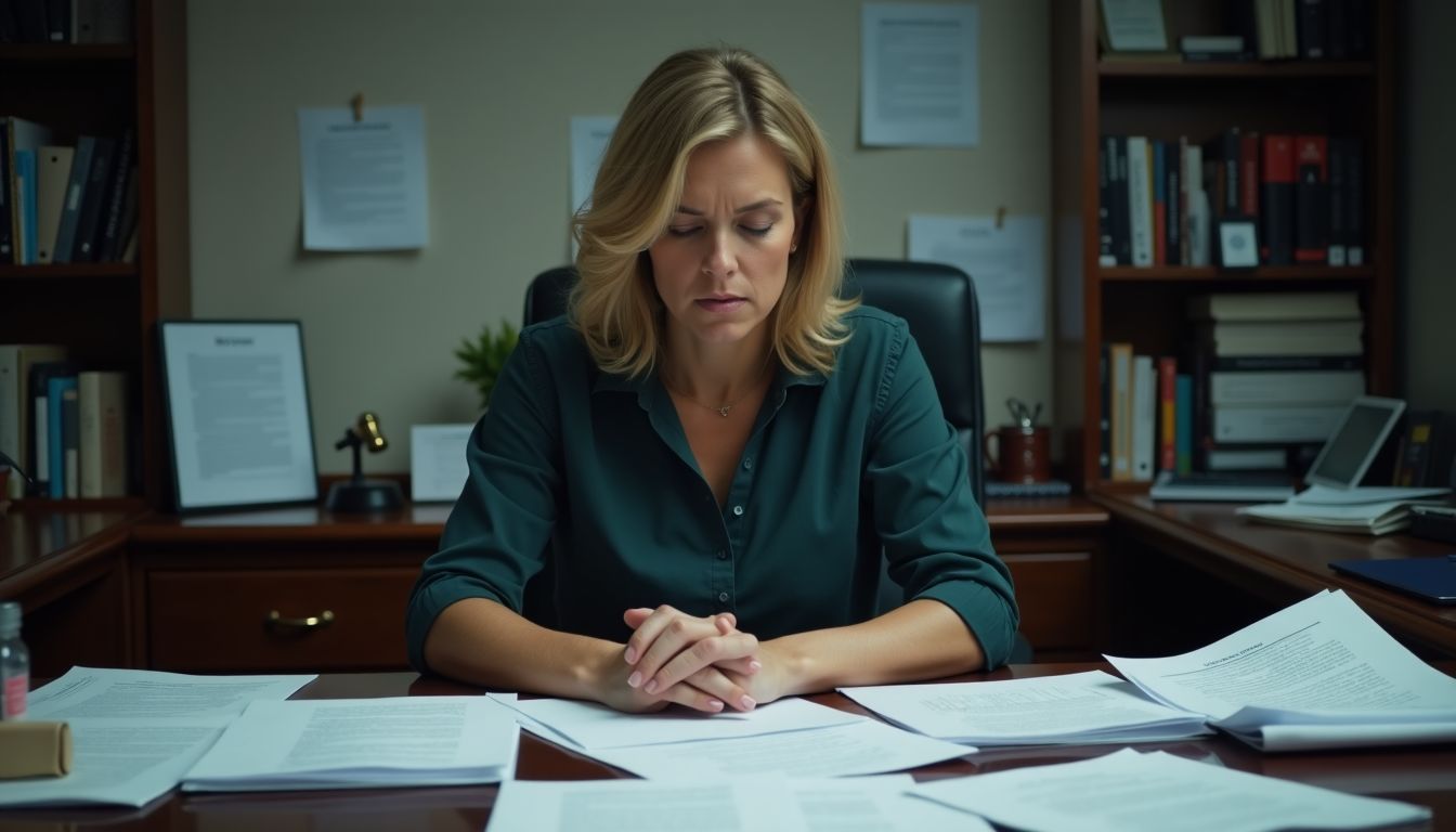 A stressed woman works on vaccine injury cases at a cluttered desk.