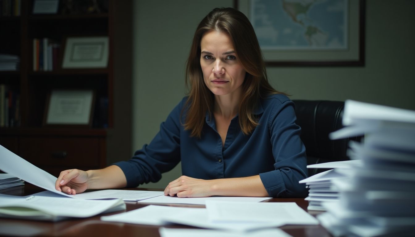 A woman at a cluttered desk reviewing Vaccine Injury Compensation Program paperwork.