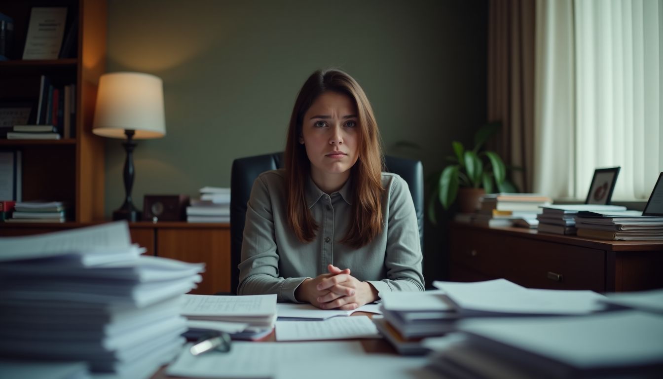 A worried woman in an attorney's office with stacks of legal documents.