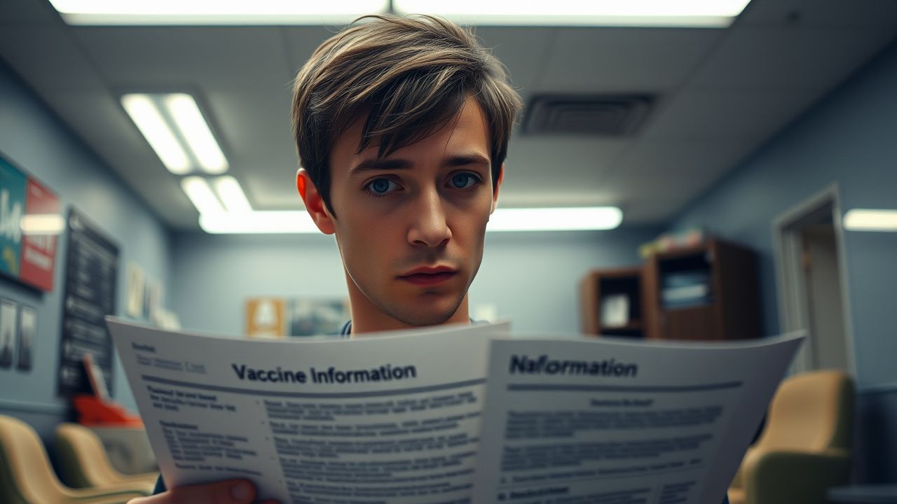 A person reads a vaccine information sheet in a dim doctor's office.